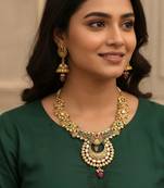 Pink green cz heritage rajwadi brass jewellery set