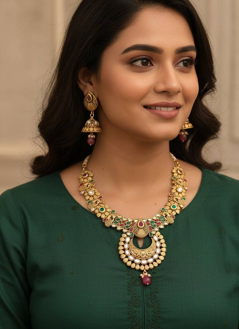 Pink green cz heritage rajwadi brass jewellery set