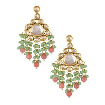 Handmade kundan statement earrings with green & pink beads 2