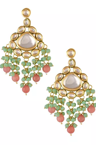 Handmade kundan statement earrings with green & pink beads