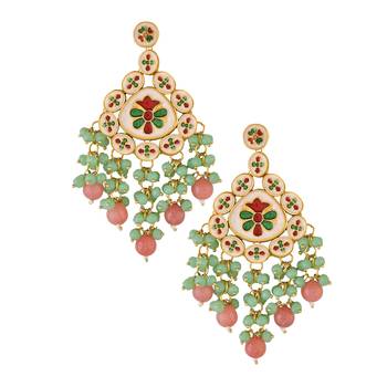 Handmade kundan statement earrings with green & pink beads 3