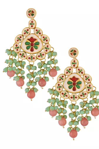 Handmade kundan statement earrings with green & pink beads