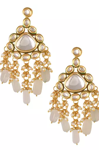 Handcrafted kundan earrings with ivory drop beads