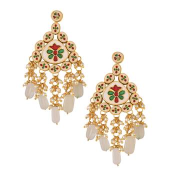 Handcrafted kundan earrings with ivory drop beads 2