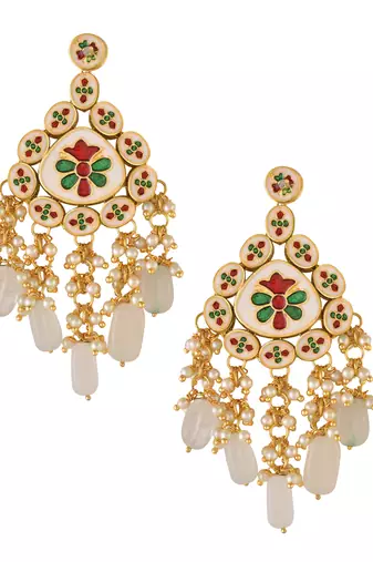 Handcrafted kundan earrings with ivory drop beads