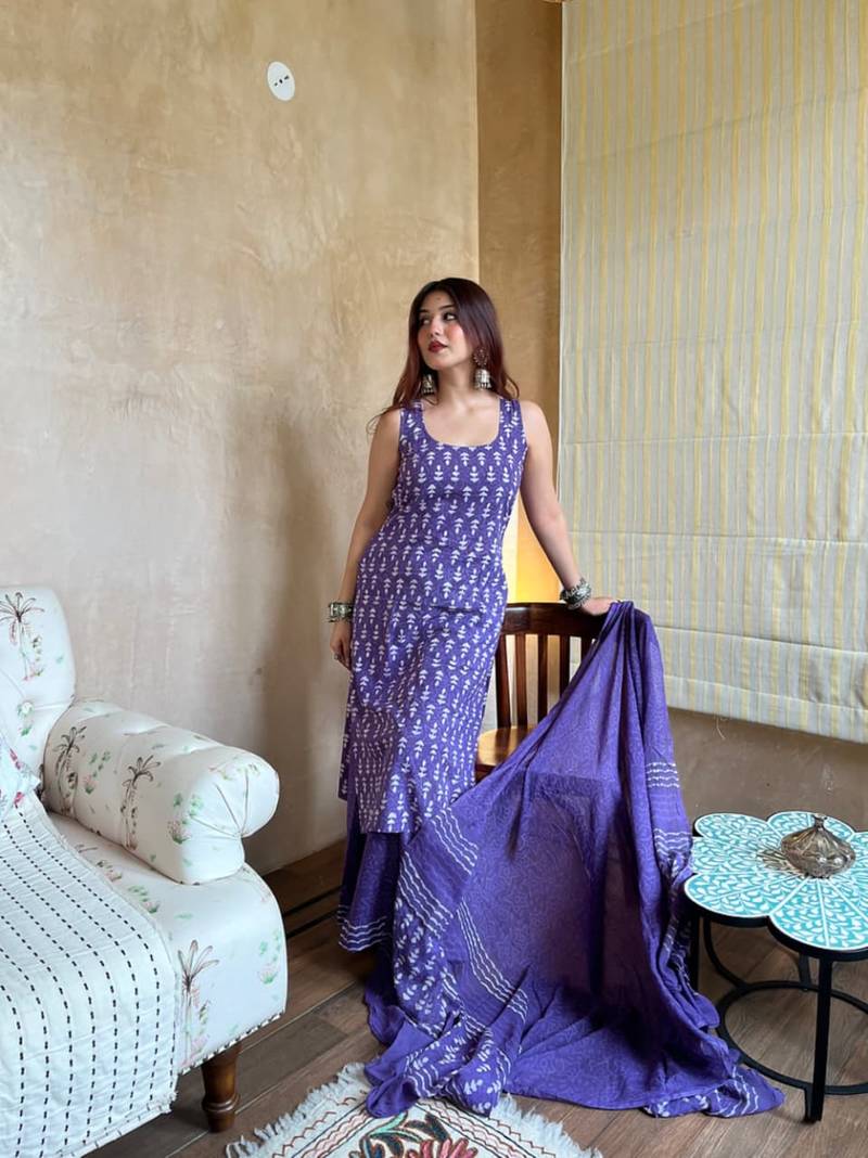 Purple printed kurta with palazzo & dupatta