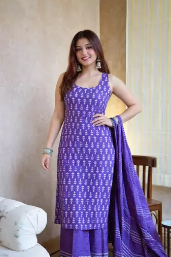 Purple printed kurta with palazzo & dupatta