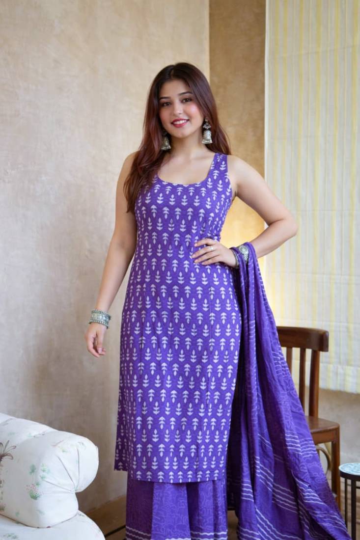 Purple printed kurta with palazzo & dupatta