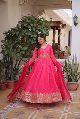 Pink russian silk sequins zari embroidered gown with heavy dupatta 1