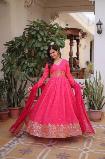 Pink russian silk sequins zari embroidered gown with heavy dupatta