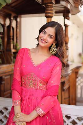 Pink russian silk sequins zari embroidered gown with heavy dupatta 3