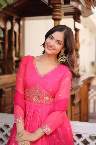 Pink russian silk sequins zari embroidered gown with heavy dupatta