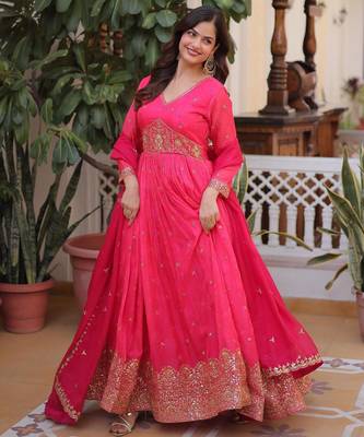 Pink russian silk sequins zari embroidered gown with heavy dupatta 4