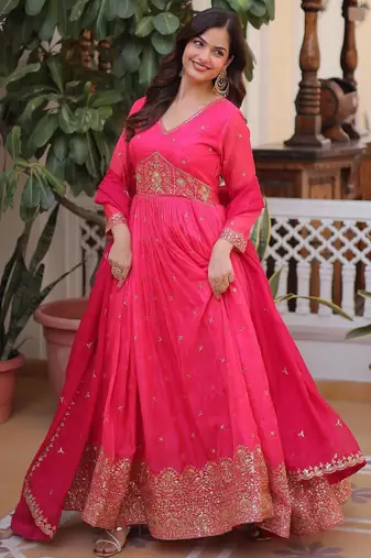 Pink russian silk sequins zari embroidered gown with heavy dupatta