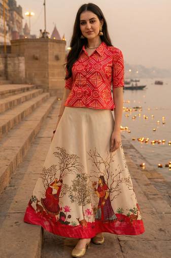 Panihari Pichwai Print SemiStitched Satin Crop-Top choli