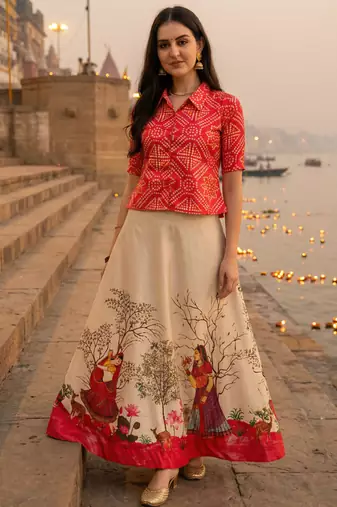 Panihari Pichwai Print SemiStitched Satin Crop-Top choli