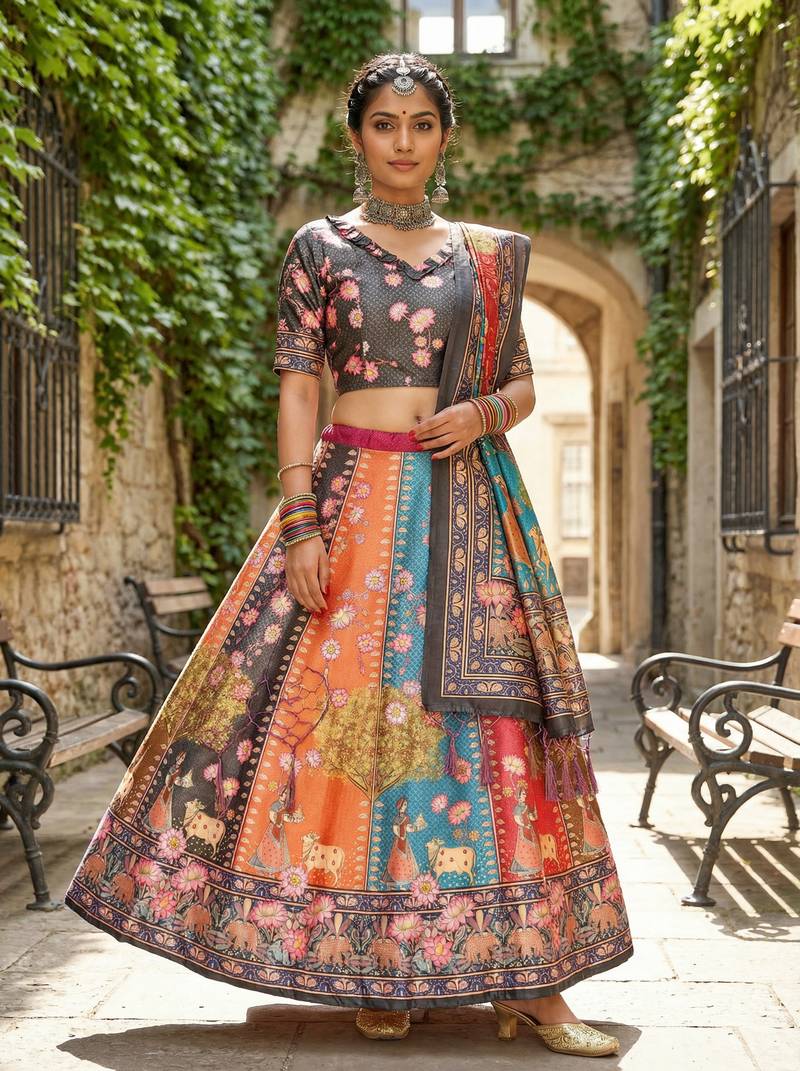 Gadhwal Print Satin Semi Stitched Lehenga Choli & Unstitched Blouse With Dupatta