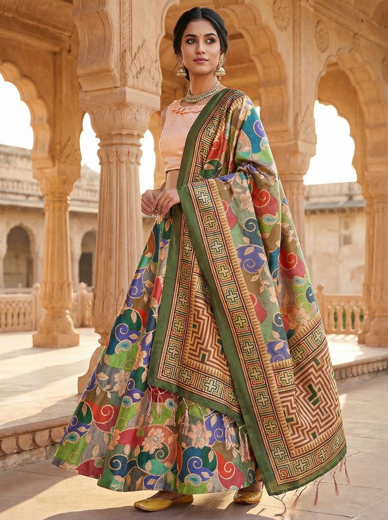 Kantha Stitch Print Satin Semi Stitched Lehenga Choli & Unstitched Blouse With Dupatta