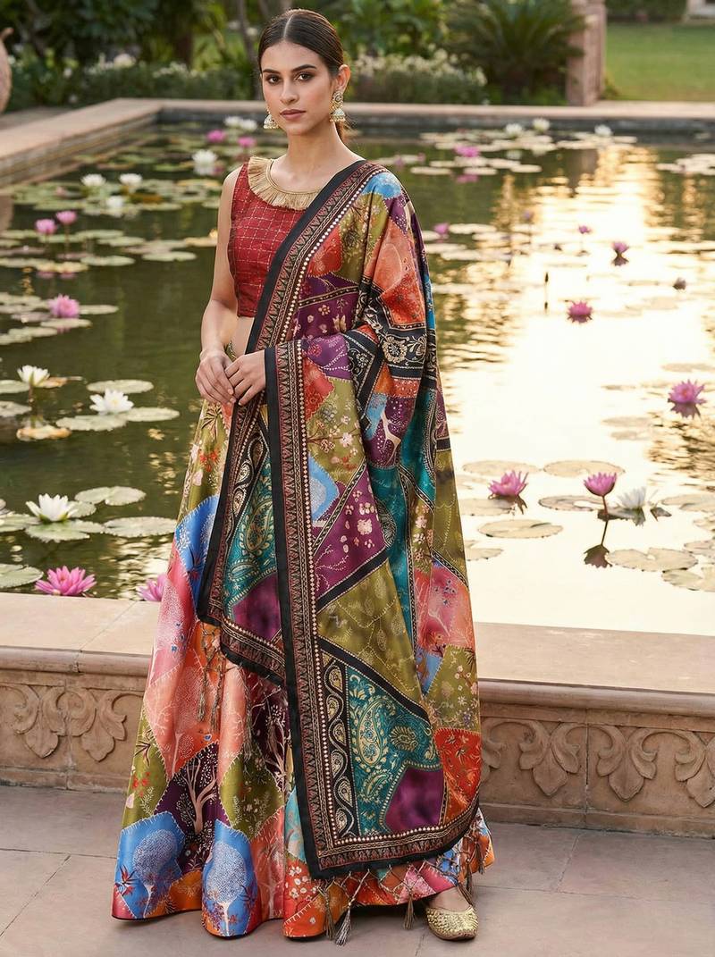 Decorative Print Satin Semi Stitched Lehenga Choli & Unstitched Blouse With Dupatta