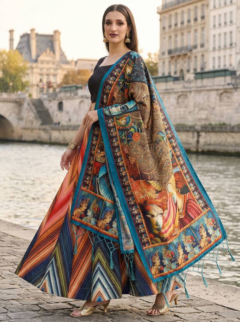 Rainbow Print Satin Semi Stitched Lehenga Choli & Unstitched Blouse With Dupatta