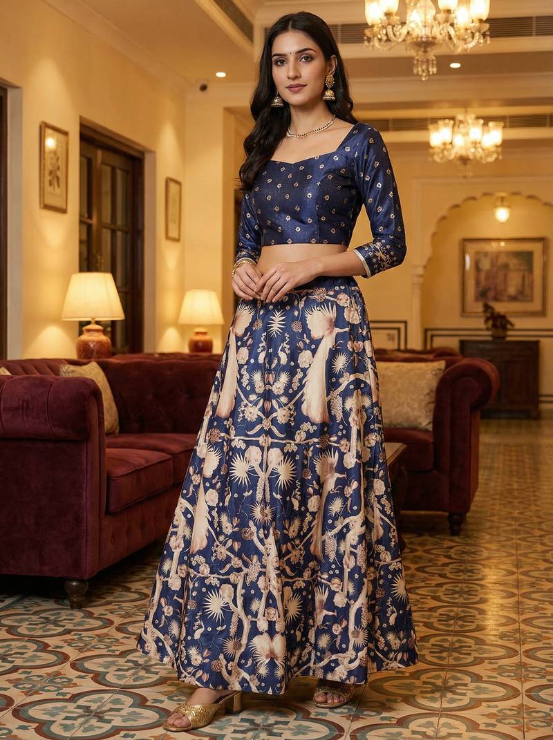 Ethnic Motif Print Satin Semi Stitched Multi Color Croptop & Unstitched Blouse