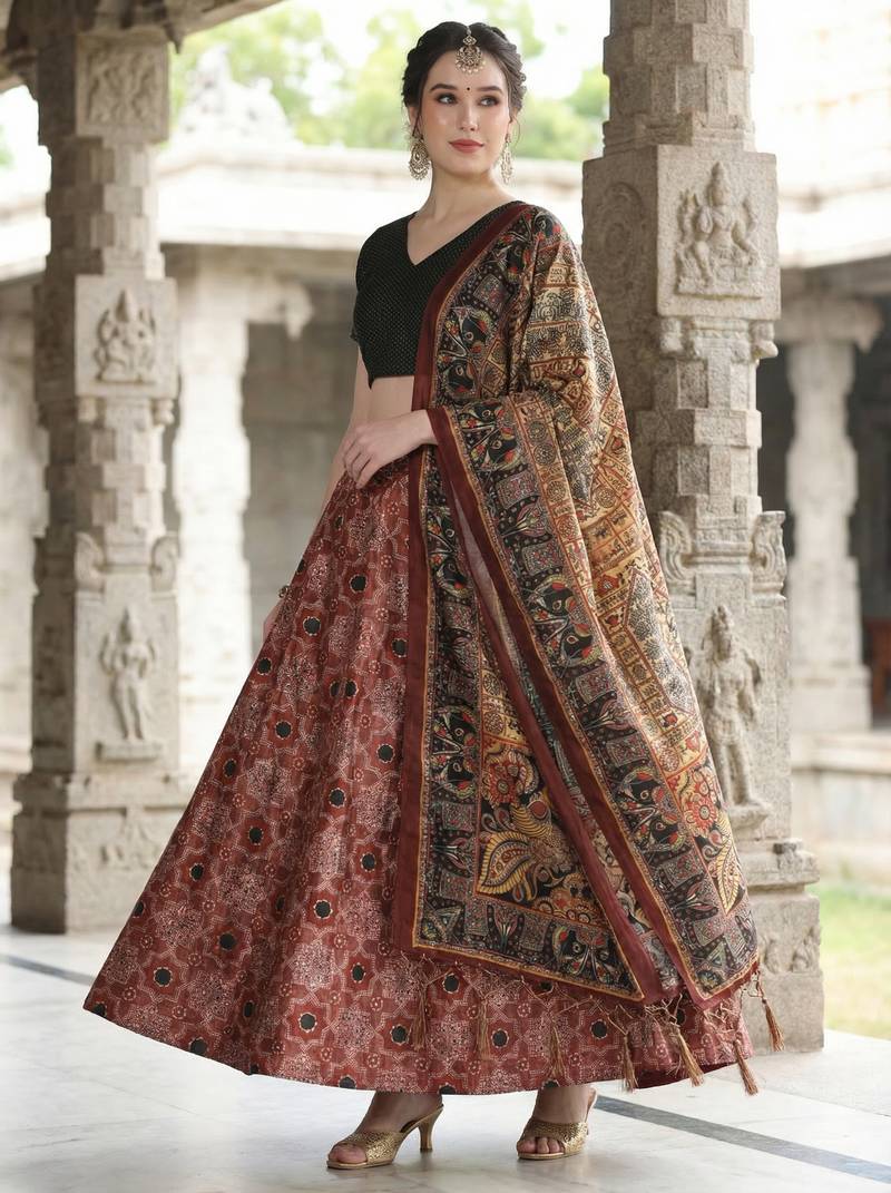 Ajarakh Print Satin Semi Stitched Lehenga Choli & Unstitched Blouse With Dupatta