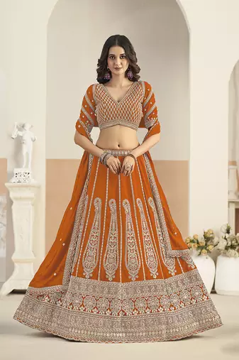 Orange Faux Georgette Embroidered Lehenga Choli