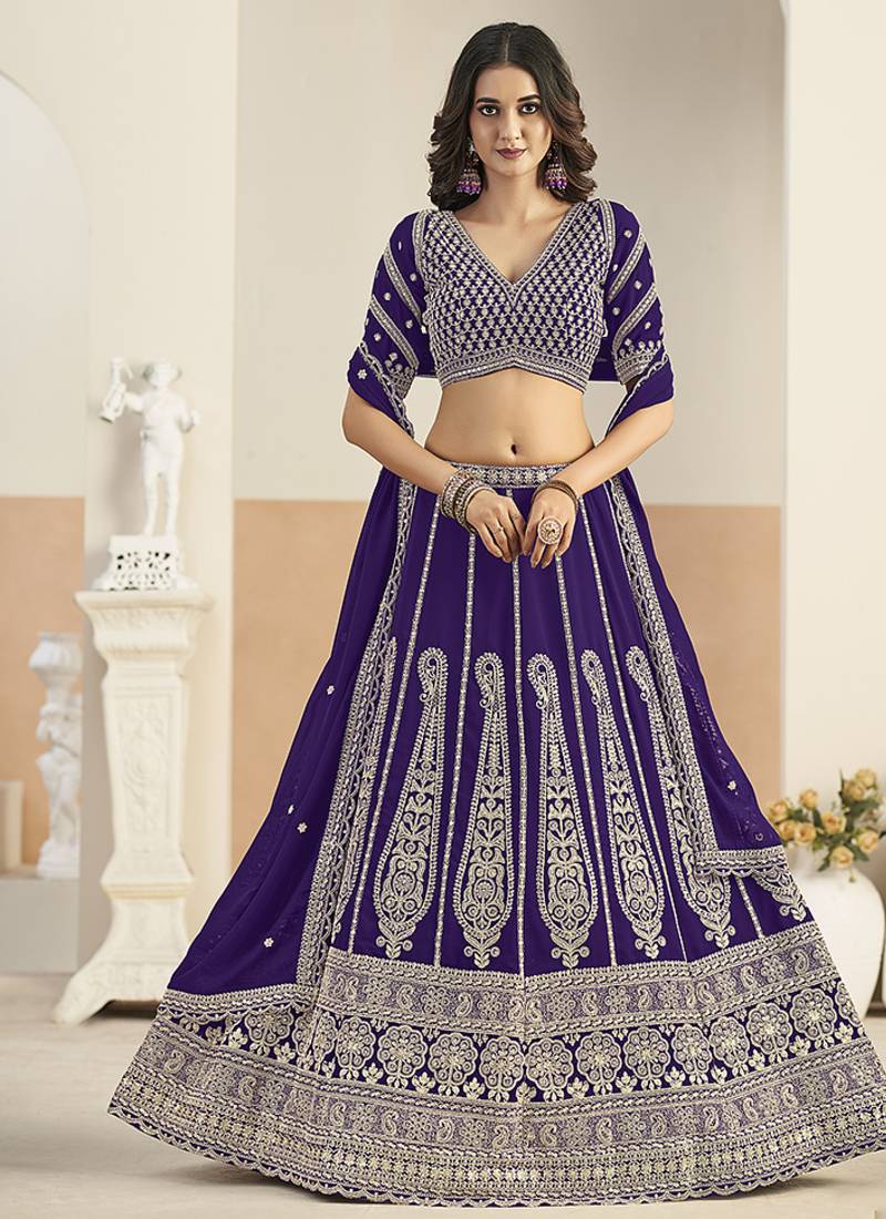 Purple Faux Georgette Embroidered Lehenga Choli