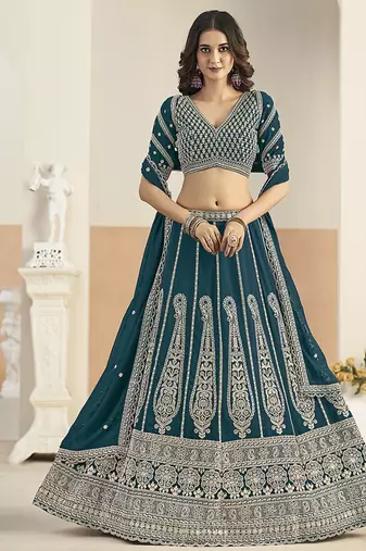 Teal Blue Faux Georgette Embroidered Lehenga Choli