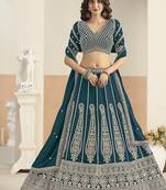 Teal Blue Faux Georgette Embroidered Lehenga Choli