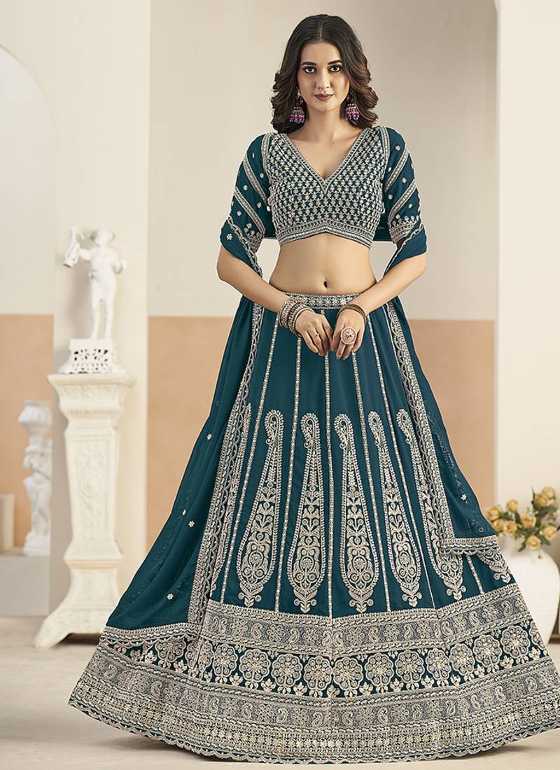 Teal Blue Faux Georgette Embroidered Lehenga Choli