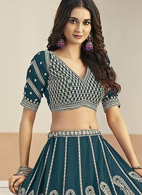 Teal Blue Faux Georgette Embroidered Lehenga Choli 2