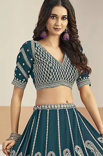 Teal Blue Faux Georgette Embroidered Lehenga Choli