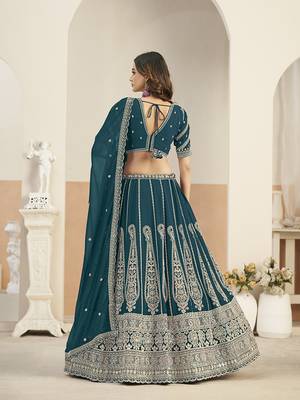 Teal Blue Faux Georgette Embroidered Lehenga Choli 3