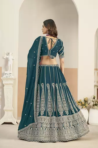 Teal Blue Faux Georgette Embroidered Lehenga Choli
