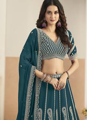 Teal Blue Faux Georgette Embroidered Lehenga Choli 4
