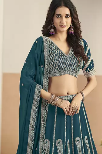 Teal Blue Faux Georgette Embroidered Lehenga Choli