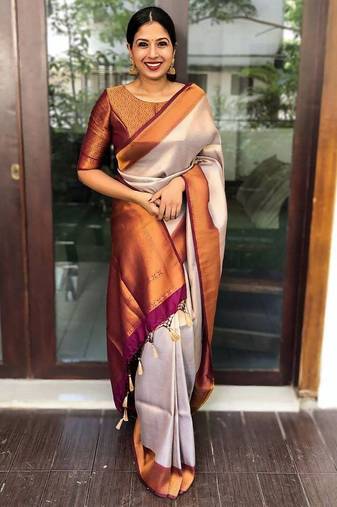 latest contrast brocade pyramid cream saree with unstitched blouse