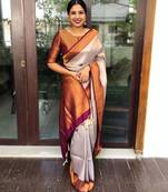 latest contrast brocade pyramid cream saree with unstitched blouse