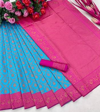 skyblue pink silk blend banarasi saree with unstitched blouse piece 6