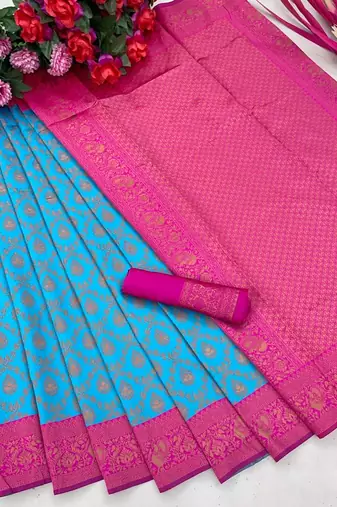 skyblue pink soft art silk banarasi jacuard work designer party wear saree with unstitched blouse piece