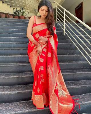  copper red butto banarasi silk woven saree with unstitched blouse 1
