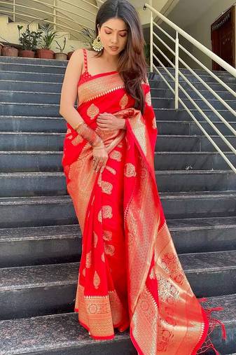 Latest copper red  butto banarasi silk woven saree with unstitched blouse