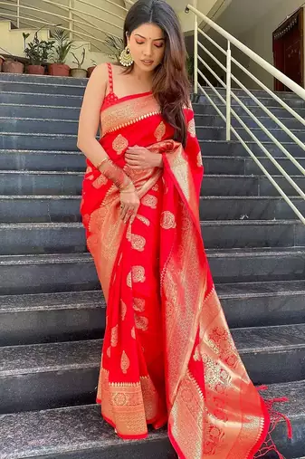 Latest copper red  butto banarasi silk woven saree with unstitched blouse