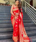 Latest copper red  butto banarasi silk woven saree with unstitched blouse