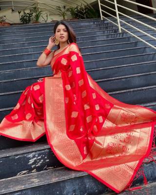 copper red butto banarasi silk woven saree with unstitched blouse 2