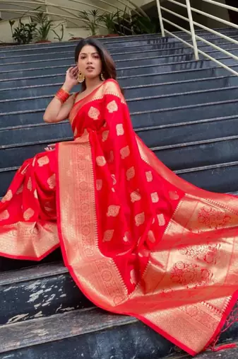  copper red butto banarasi silk woven saree with unstitched blouse