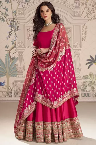 Pink embroidered work ethnic gown with dupatta