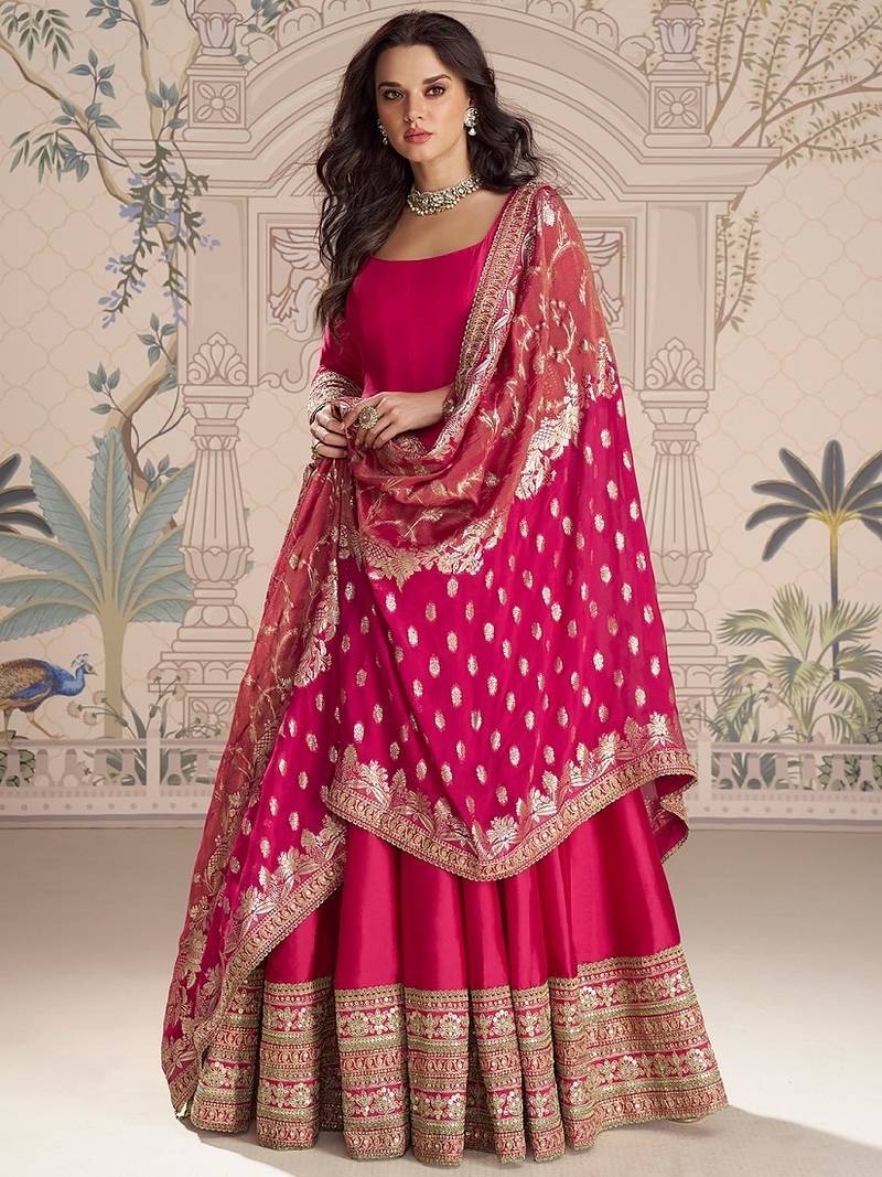 Pink embroidered work ethnic gown with dupatta