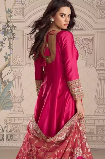 Pink embroidered work ethnic gown with dupatta